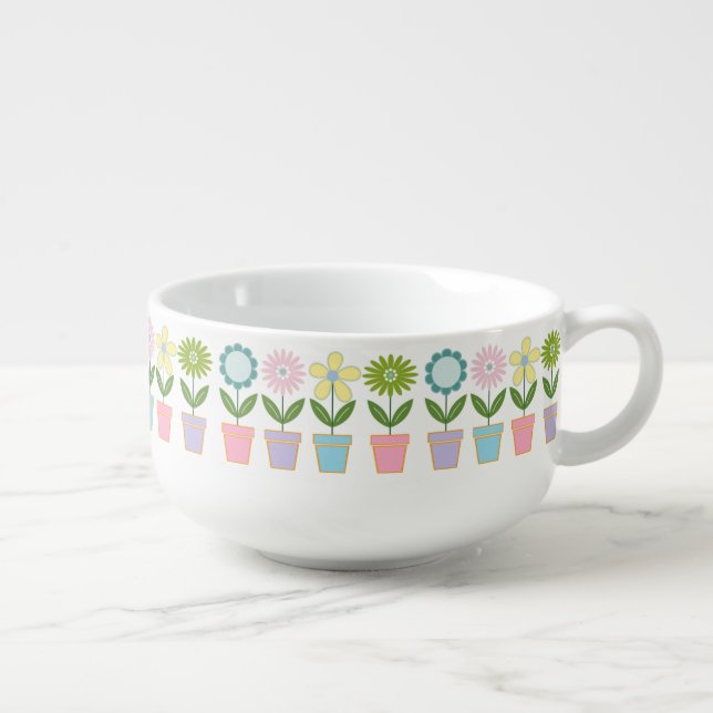 Cute Pastel Flower Pots Pattern Soup Mug (Left)