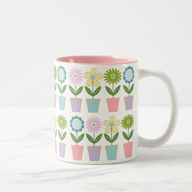 Cute Pastel Flower Pots Pattern Two-Tone Coffee Mug (Right)