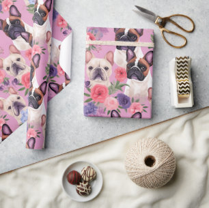 Cute Pastel French Bulldog Floral Wrapping Paper