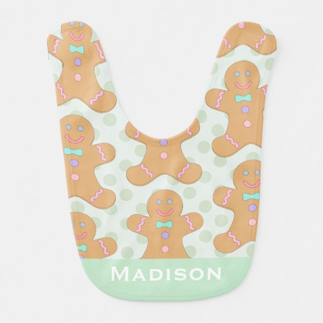 Cute Pastel Gingerbread Men Pattern Personalised Baby Bib (Front)
