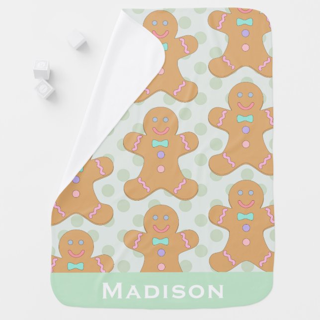 Cute Pastel Gingerbread Men Pattern Personalised Baby Blanket (In Situ)