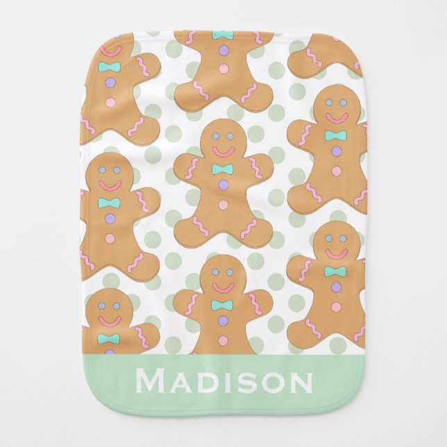 Cute Pastel Gingerbread Men Pattern Personalised Baby Burp Cloth (Front)