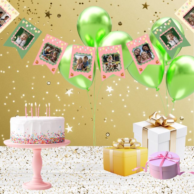 Cute Pastel Girl Family Milestone Moments Birthday Bunting Flags (Your personalized text and favorite uploaded photos on a 16 flag bunting string in pastel colors)