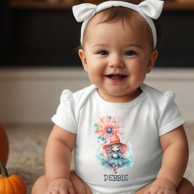 Cute Pastel Girly Pink Witch Watercolor Halloween Baby Bodysuit (Creator Uploaded)