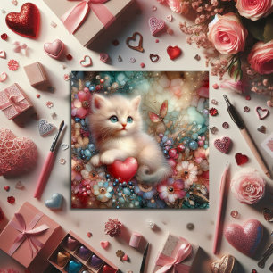 Cute Pastel Glitter Flowers And Kitten Valentine  Holiday Card