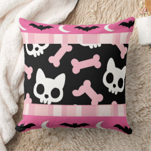 Cute Pastel Goth Halloween Cat & Bat Throw Pillow