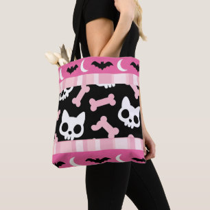Cute Pastel Goth Halloween Cat & Bat Tote Bag