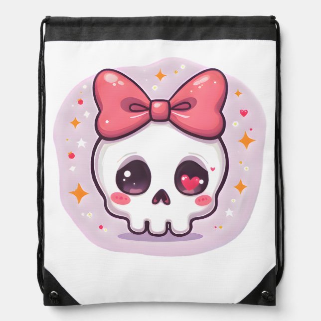 Cute Pastel Goth Skull with Bow Drawstring Bag (Front)
