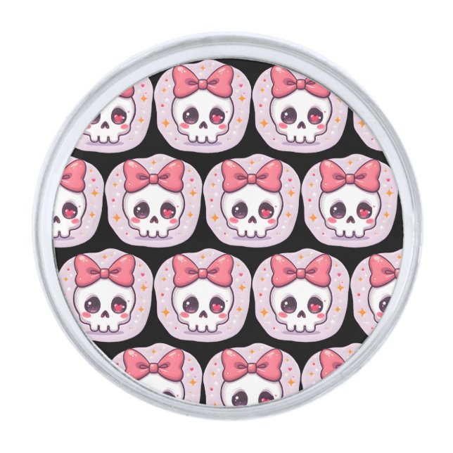 Cute Pastel Goth Skull with Bow Silver Finish Lapel Pin (Front)
