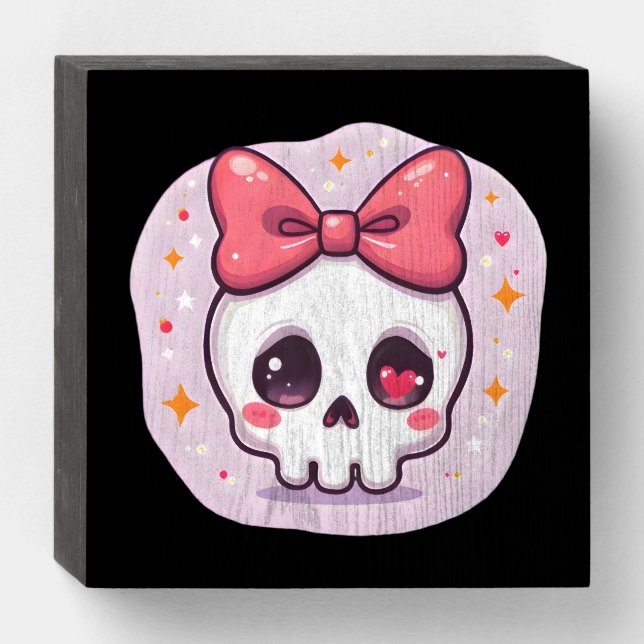 Cute Pastel Goth Skull with Bow Wooden Box Sign (Front Horizontal)
