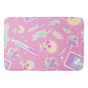 Cute Pastel Goth Witchy Pattern with Skulls, Cryst Bath Mat