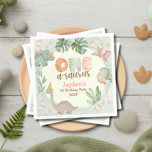Cute Pastel Green Dinosaur One A Saurus Birthday Napkins