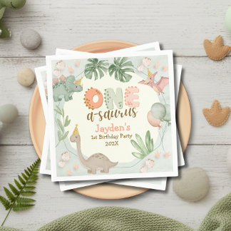 Cute Pastel Green Dinosaur One A Saurus Birthday  Napkins