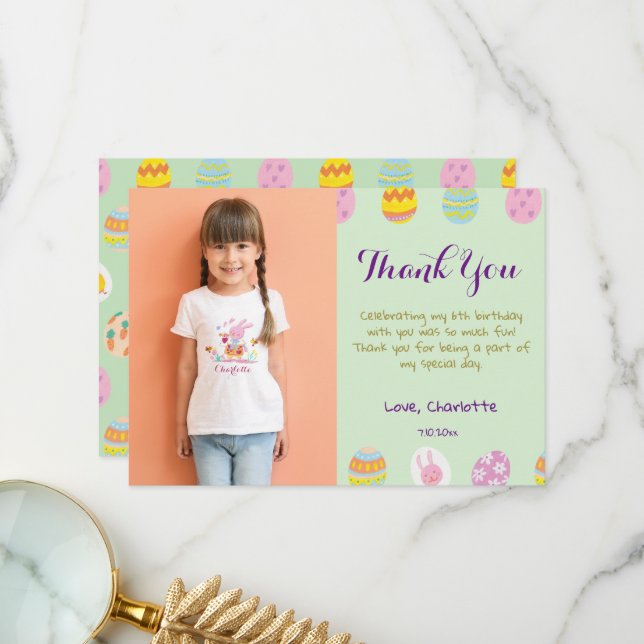 Cute Pastel Green Eggs Kids Birthday Photo  Thank You Card (Front/Back In Situ)