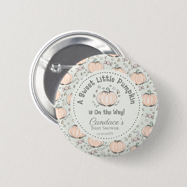 Cute Pastel Green Little Pumpkin Baby Shower Button (Front & Back)
