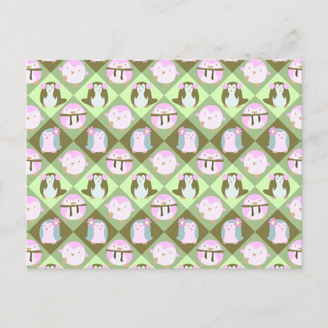 Cute Pastel Green Penguins Postcard (Front)