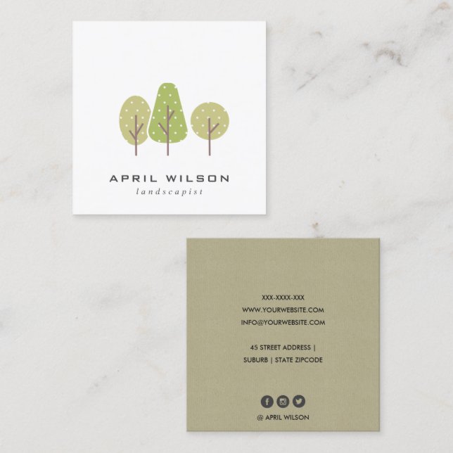 CUTE  PASTEL GREEN TREE TRIO LANDSCAPING SERVICE SQUARE BUSINESS CARD (Front/Back)