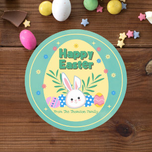 Cute Pastel Green Yellow Bunny Happy Easter Classic Round Sticker