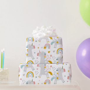 Cute Pastel Grey Blush Teal Boho Unicorn Rainbows Wrapping Paper