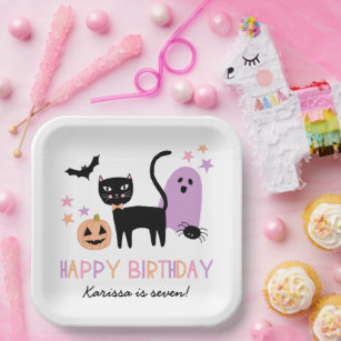 Cute Pastel Halloween Happy Birthday Name Paper Plates