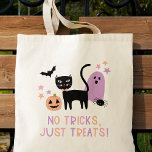 Cute Pastel Halloween No Tricks Just Treats Tote Bag<br><div class="desc">This cute tote bag is perfect for all that Halloween candy deliciousness! It features a hand drawn black cat, ghost, jack-o-lantern pumpkin, bat, spider, and stars in a color scheme black, pastel pink, purple, and peach. Simple typography reads, "NO TRICKS, JUST TREATS" in matching pastel colors. *Original Illustration by Orabella...</div>