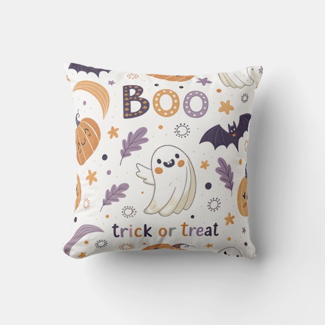Cute Pastel Halloween Throw Pillow – Ghosts & Pump (Front)