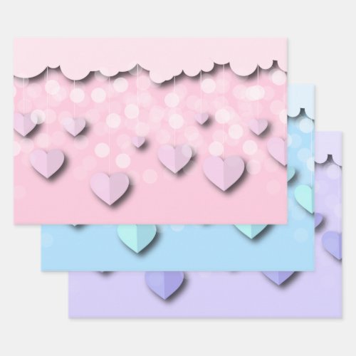 Cute Pastel Hearts On Strings  Clouds  Lights Wrapping Paper Sheets