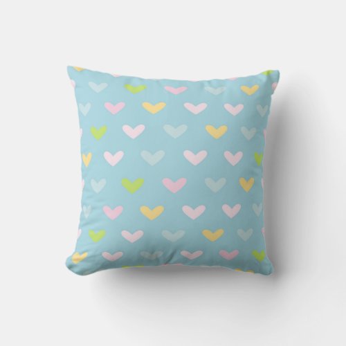 Cute Pastel Hearts Pattern Light Blue Throw Pillow