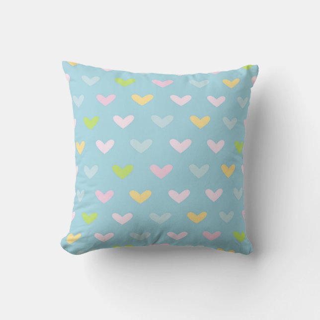 Cute Pastel Hearts Pattern Light Blue Throw Pillow (Front)
