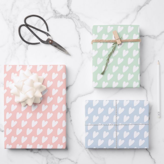Cute Pastel Hearts Pink Blue Green Wrapping Paper Sheets (Front)