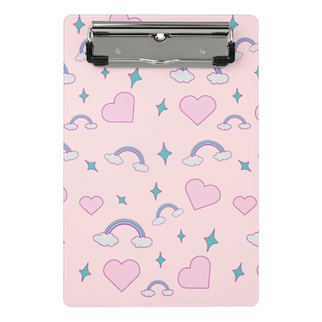 Cute Pastel Hearts & Rainbow Pattern | Kawaii Pink Mini Clipboard (Front)