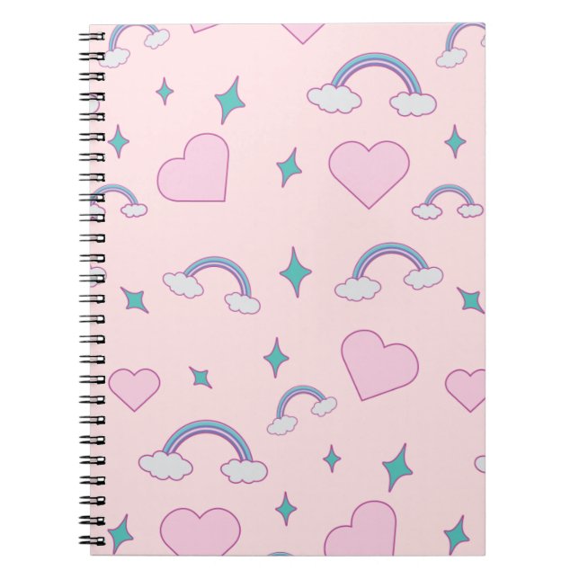 Cute Pastel Hearts & Rainbow Pattern | Kawaii Pink Notebook (Front)
