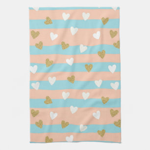 Cute Pastel Hearts Stripe with Shimmering Gold Kitchen Towel