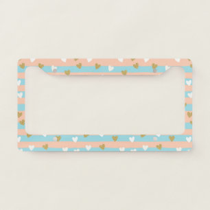 Cute Pastel Hearts Stripe with Shimmering Gold License Plate Frame