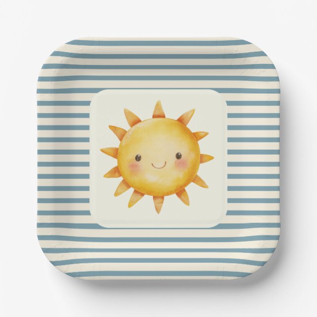 Cute pastel here comes the son baby shower paper plates (Front)