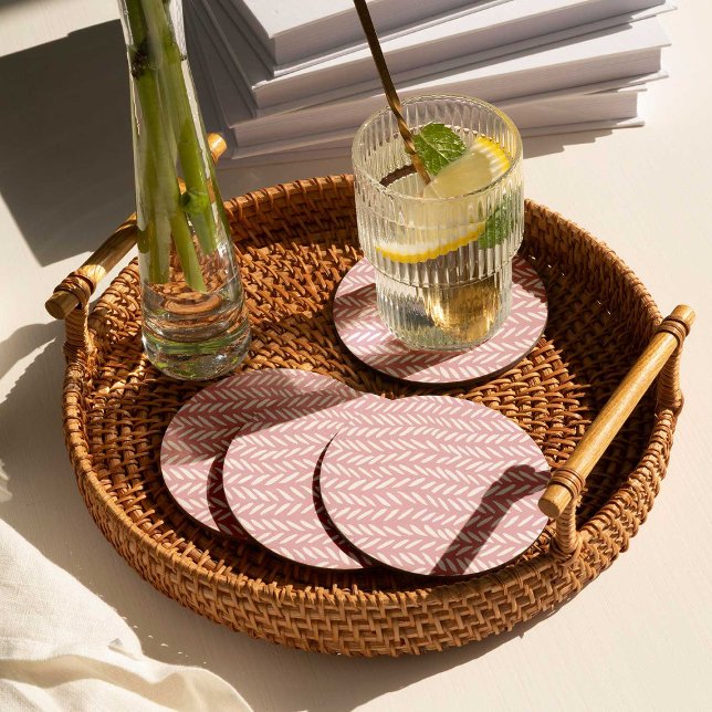 Cute pastel herringbone pattern on pink round paper coaster (Creator Uploaded)