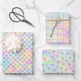 Cute, Pastel, Holographic Heart, Star and Square Wrapping Paper Sheets