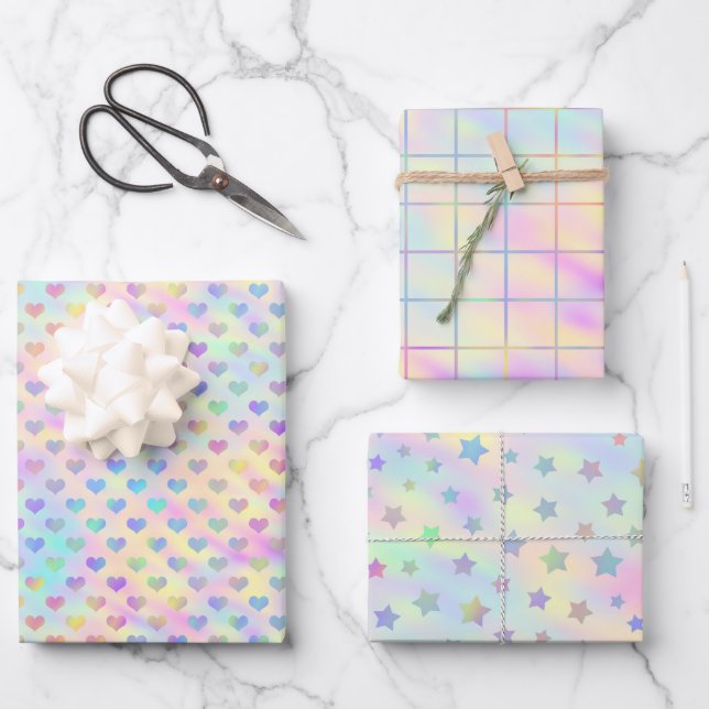 Cute, Pastel, Holographic Heart, Star and Square Wrapping Paper Sheets (Front)