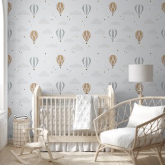 Cute Pastel Hot Air Balloon in Clouds Boho Nursery