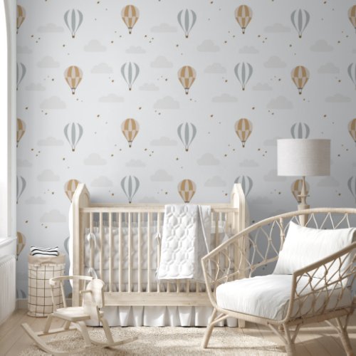 Cute Pastel Hot Air Balloon in Clouds Boho Nursery Wallpaper