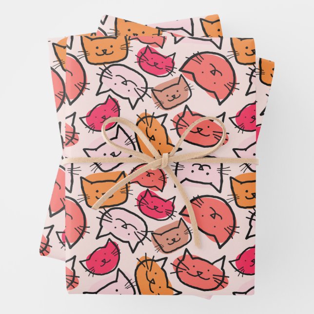 Cute Pastel, Hot Pink & Orange Hand Drawn Cat Face Wrapping Paper Sheets (In situ)