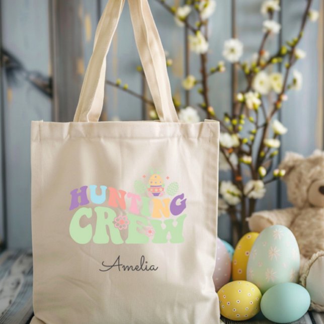 Cute Pastel Hunting Crew Easter Egg Hunt Tote Bag (Cute Colorful Hunting Crew Easter Egg Hunt Tote Bag, Personalized with Name, Pastel Retro Fun)