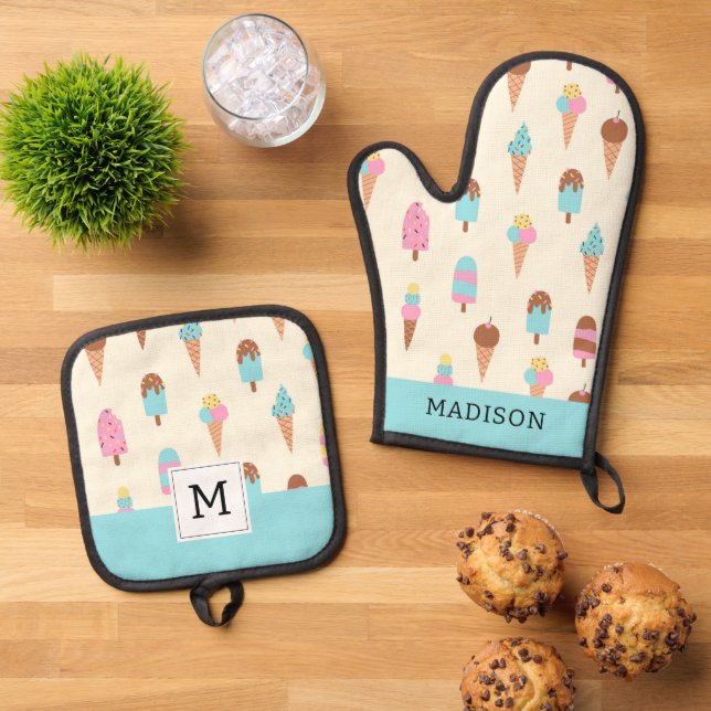 Cute Pastel Ice Cream Sweets Pattern Oven Mitt & Pot Holder Set (Top Down)