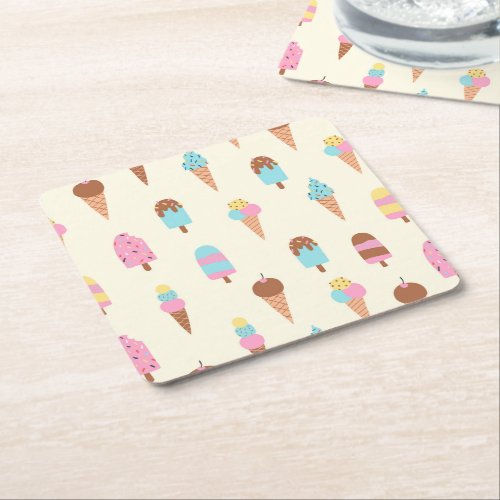 Cute Pastel Ice Cream Sweets Pattern Square Paper Coaster
