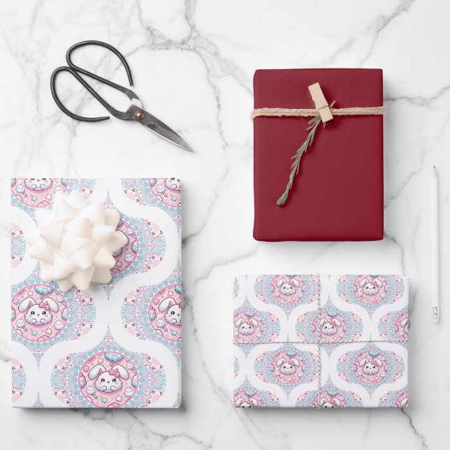 Cute Pastel Kawaii Bunny Dot Mandala Retro Ogee Wrapping Paper Sheets (Front)
