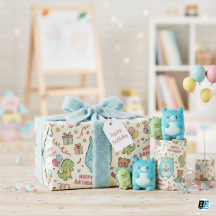 Cute Pastel Kawaii Monster and Friends Birthday Wrapping Paper