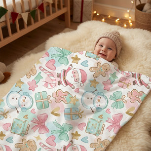 Cute Pastel Kawaii Winter Santa & Snowman Pattern Baby Blanket