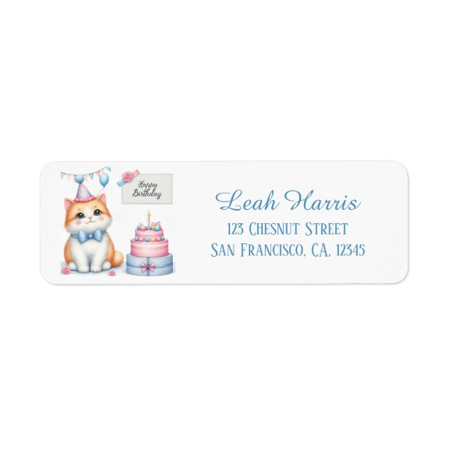 Cute Pastel Kitten Birthday Cake -Birthday Address Label (Front)