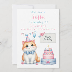 Cute Pastel Kitten Birthday Cake - - Birthday  Invitation