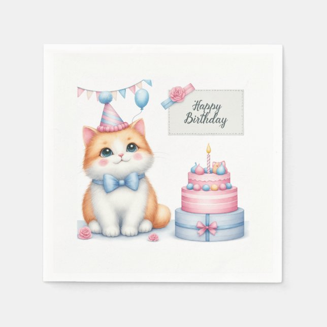Cute Pastel Kitten Birthday Cake - Birthday Napkins (Front)